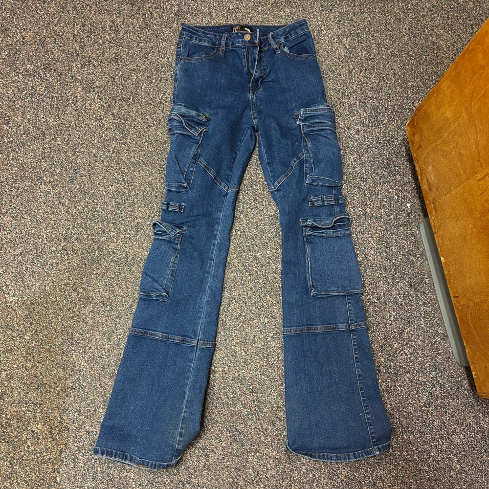 Fashion Nova Dark Blue Flare Cargo Jeans